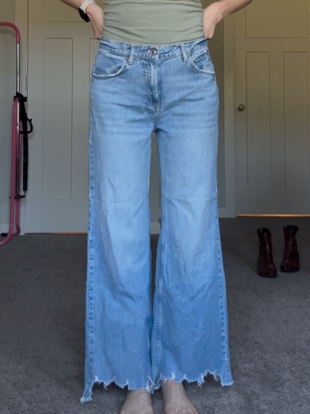 We The Free Light Blue High-Rise Wide Leg Jeans with Raw Hem